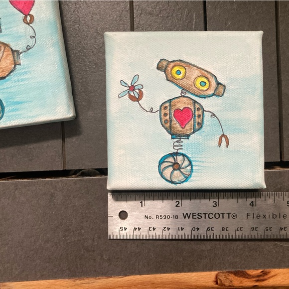 3 small paintings  — a robot triptych in acrylic on canvas - Picture 2 of 7